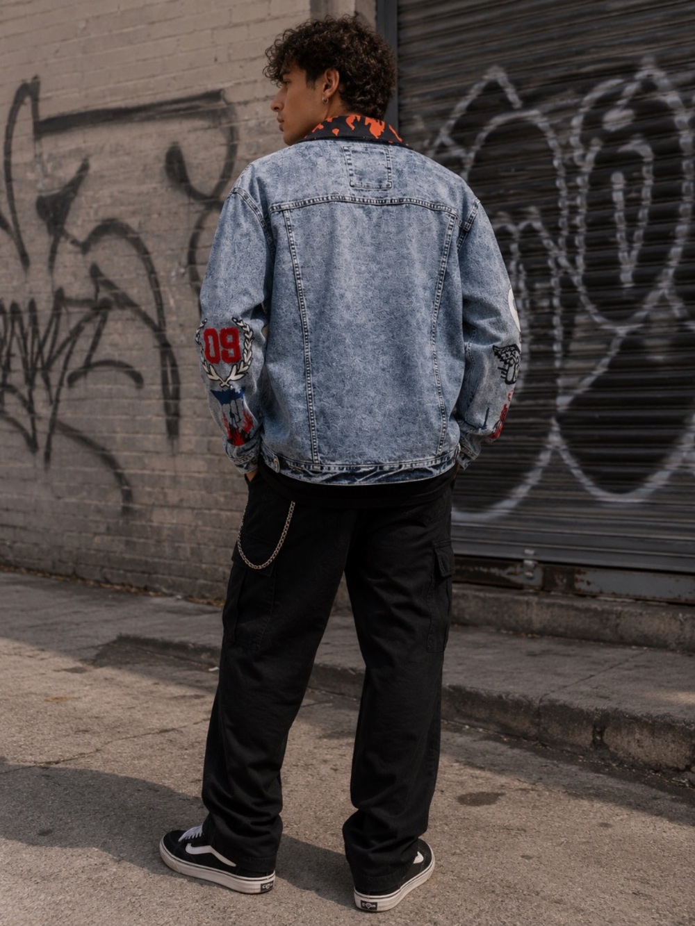 Men's Blue Graphic Denim Jacket with Red Flame Accents - Picture 2 of 10